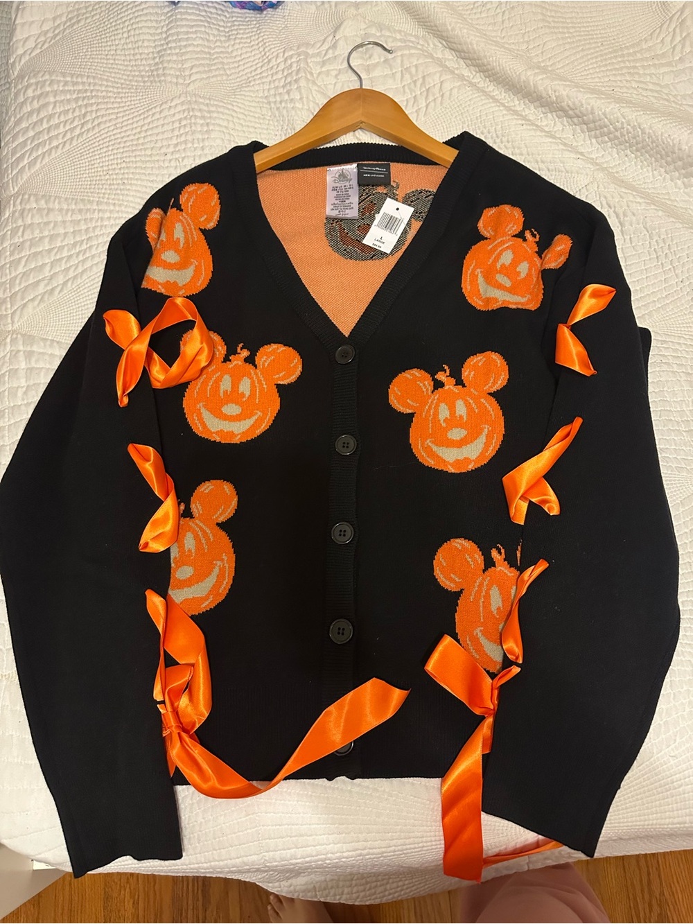 Disney Parks Halloween Mickey Pumpkin Black Cardigan with Orange Ribbon Detail